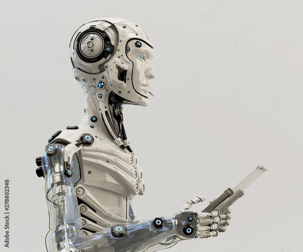 Humanoid robot working with glass digital tablet, 3d illustration Humanoid robot working with glass digital tablet, 3d illustration