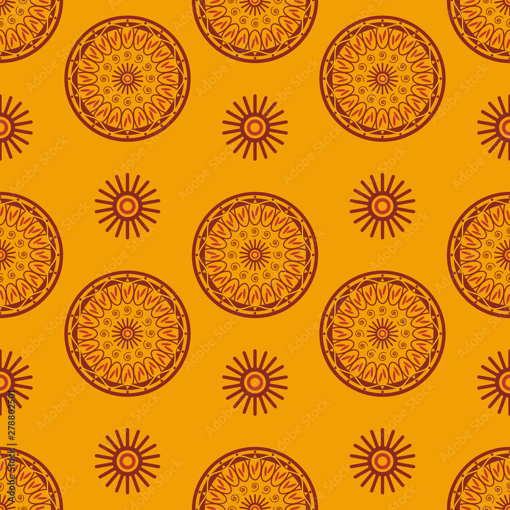 African flower seamless pattern. Abstract floral shapes on orange background.