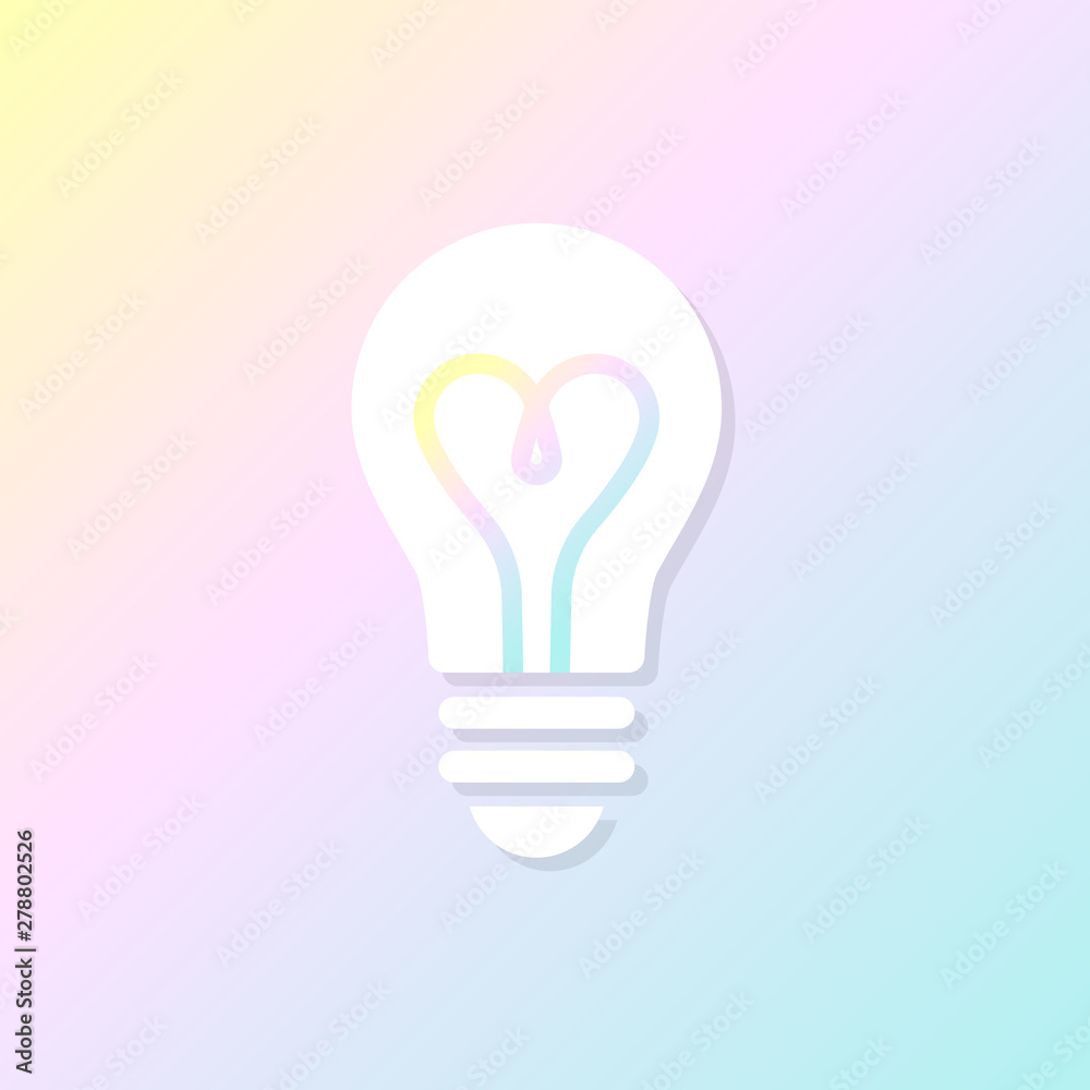 Light bulb glowing. Isolated electric lamp on pastel gradient background. Heart filament. Vector illustration, flat design Light bulb glowing. Isolated electric lamp on pastel gradient background. Heart filament. Vector illustration, flat design