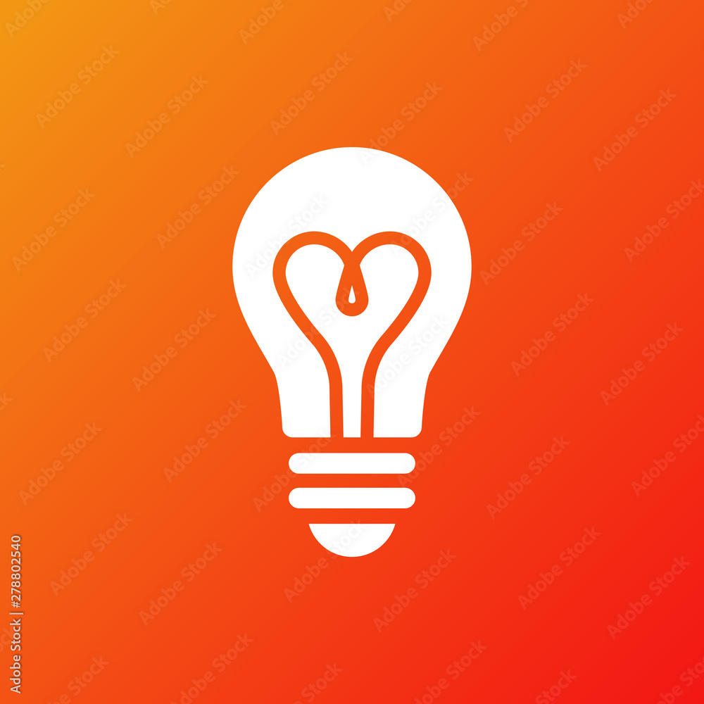 Light bulb icon. Isolated electric lamp on gradient background. Heart filament. Love light. Vector illustration, flat design