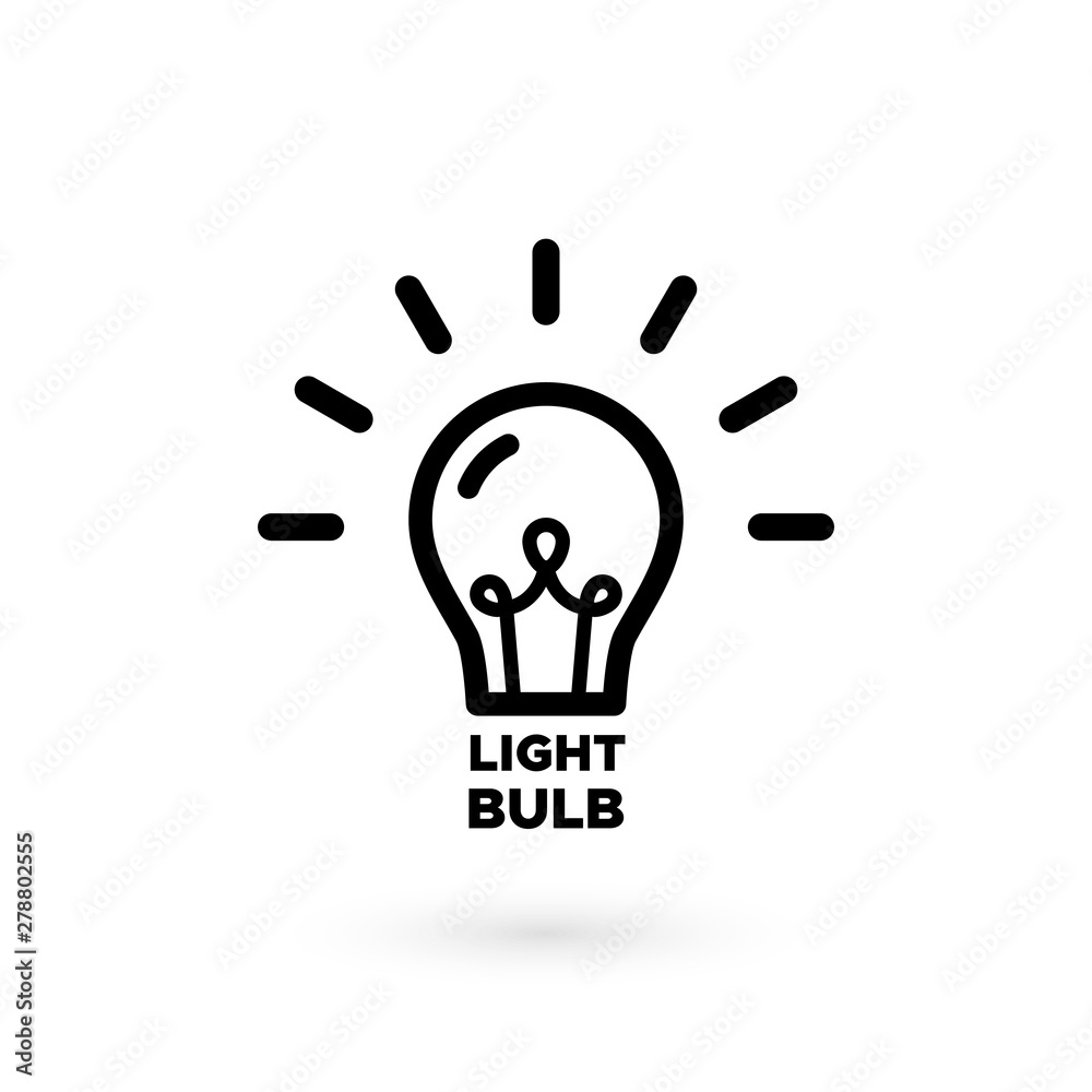 Black light bulb glowing icon. Isolated electric lamp on white background with filament and abstract rays. Vector illustration, flat design Black light bulb glowing icon. Isolated electric lamp on white background with filament and abstract rays. Vector illustration, flat design