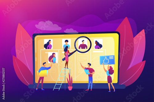 Recruitment agency, employment service. HR manager searching candidate CV. Wanted employees, vacancies are open, join our team, we re hiring concept. Bright vibrant violet vector isolated illustration