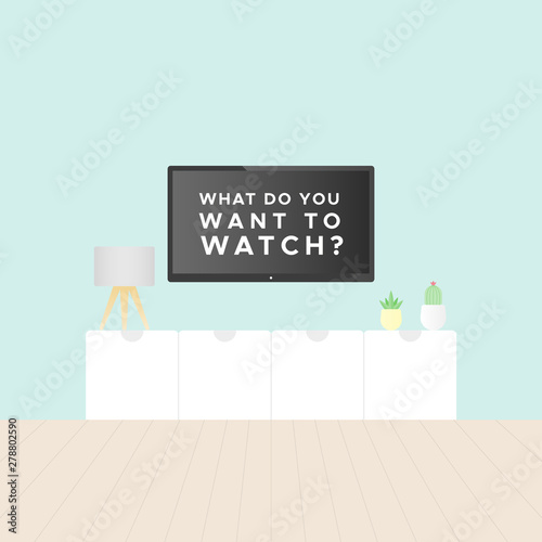 Smart TV in the living room. Tv stand, light blue wall, wooden floor, plants and table lamp. Television text: 'What do you want to watch?'. Vector illustration, flat design