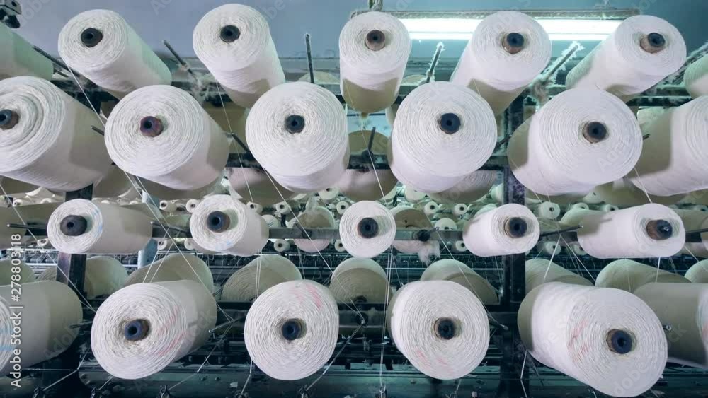 White threads are unwinding from the sewing bobbins
