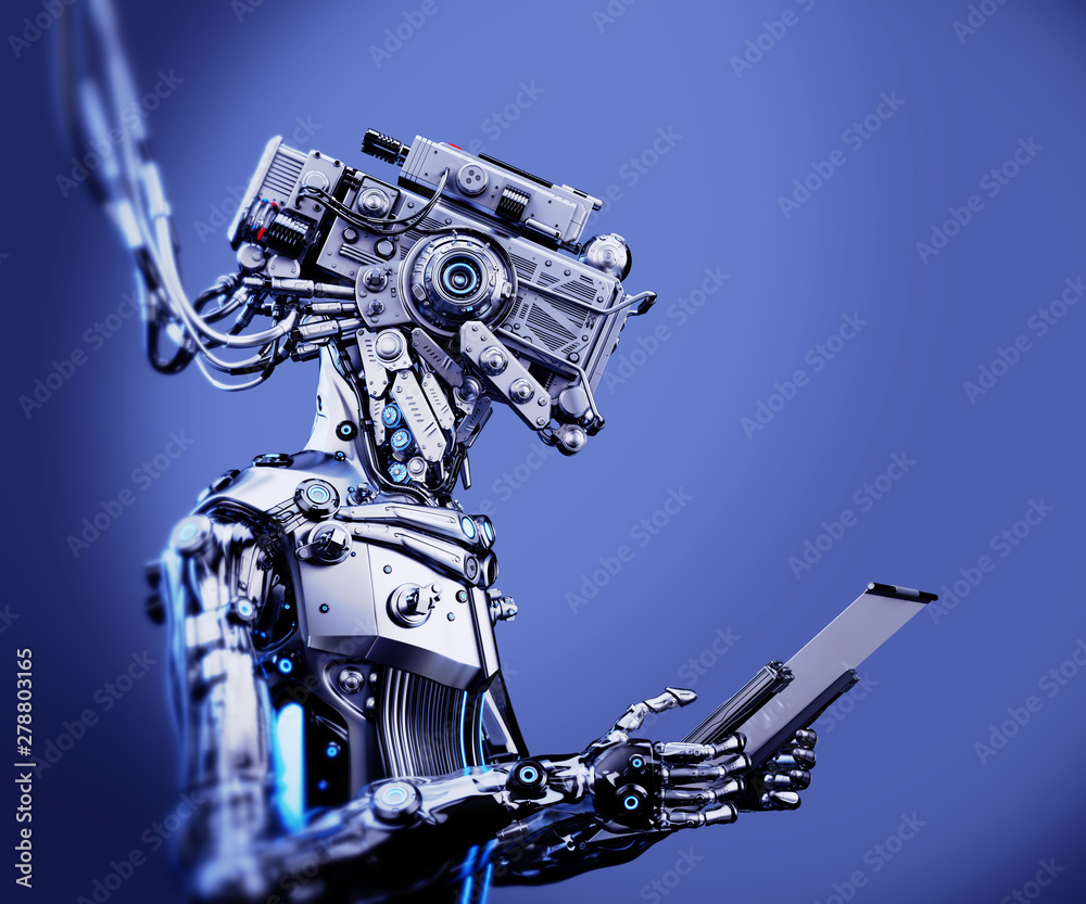 Naklejka premium Steel robotic creature connected with bunches of cables and working with sci-fi tablet, 3d illustration