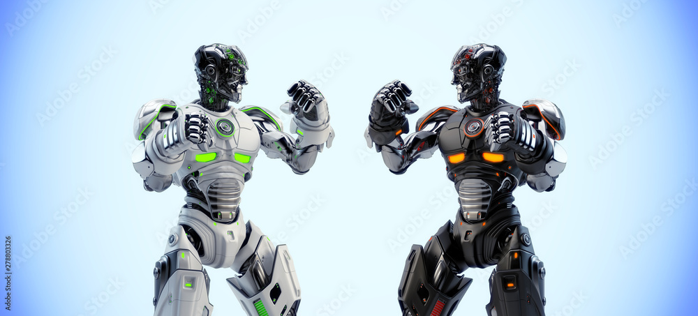 White vs black robotic boxers boxing, 3d rendering on light background White vs black robotic boxers boxing, 3d rendering on light background