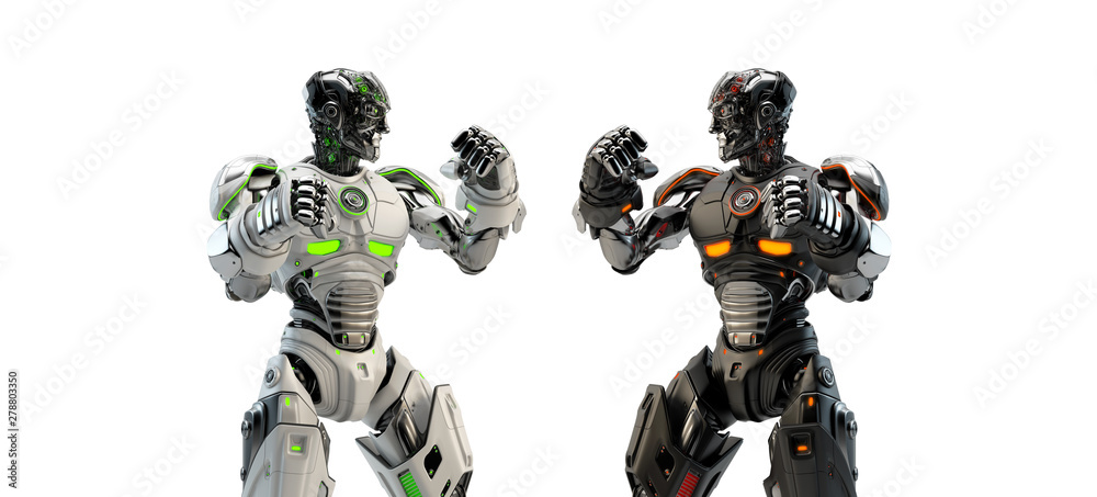 White vs black robotic boxers boxing, 3d rendering on light background White vs black robotic boxers boxing, 3d rendering on light background