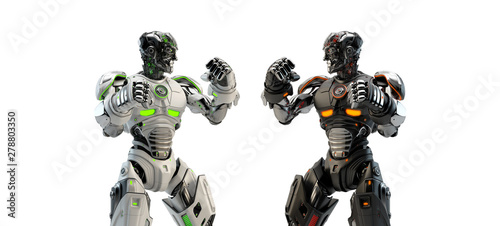 White vs black robotic boxers boxing, 3d rendering on light background