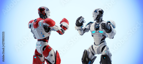 Two robotic boxers boxing, 3d rendering on light background