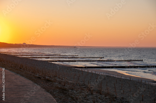 The beach of Zempin on the island of Usedom in the Baltic Sea at sunset..