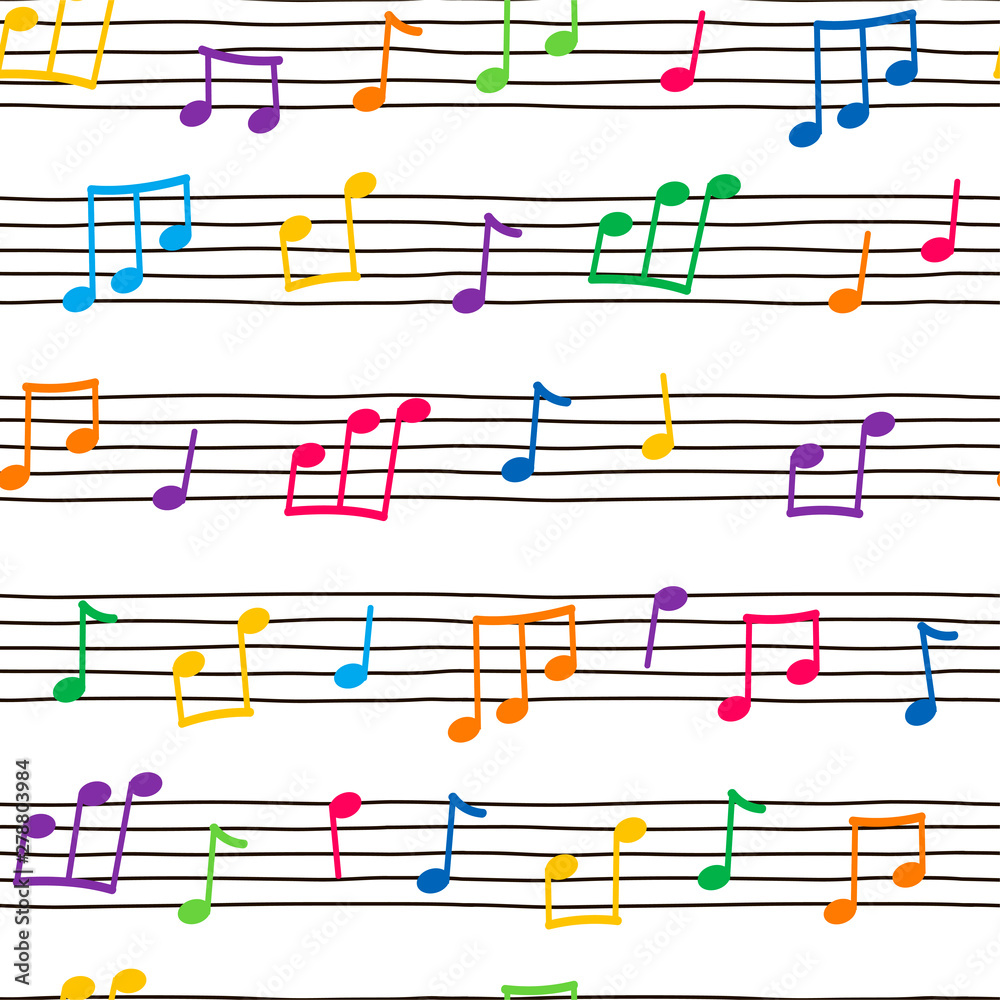 Music notes flat vector seamless pattern. Multicolor notes on musical staff  background. Musician notebook, music classes notepad backdrop. Wallpaper,  wrapping paper, textile cartoon minimal design Stock Vector | Adobe Stock