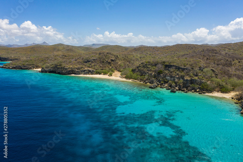 Aerial view of coast of Curaçao in the  Caribbean Sea with turquoise water, white sandy beach and beautiful coral reef at Playa Manzalina  © NaturePicsFilms