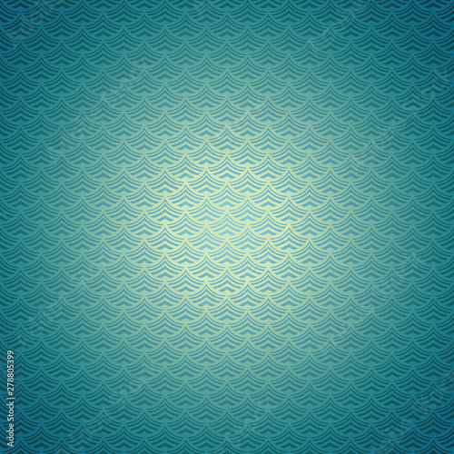 Aqua abstract background of turquoise stylized waves of sea or ocean water, with blue gradient coloring and darkening to the edges. Vector illustration for web banner design and printing