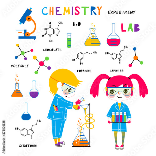 Children at chemistry lesson flat vector illustrations set. Cute schoolkids in protective glasses making scientific experiments characters. Flasks with chemicals, molecules isolated cliparts pack