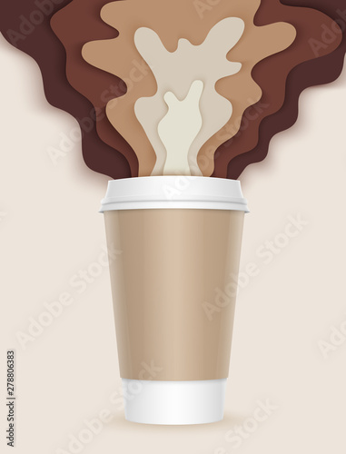 3d coffee cup with papercut coffee splashes and shadows. Coffee splash. Disposable takeaway paper coffee cup in realistic style