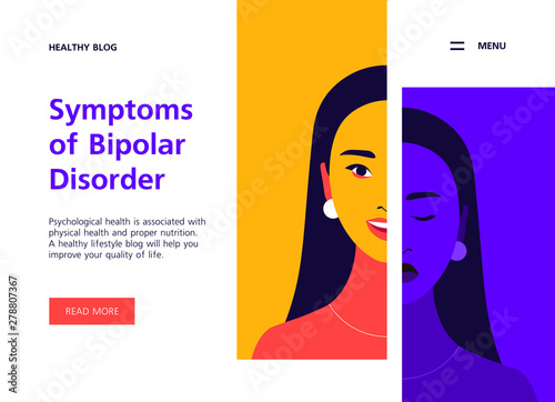 Portrait of a young woman with bipolar disorder. Happy and depressed mood. Mental health. Website template. Bright vector flat illustration