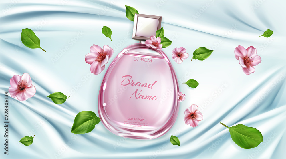 Perfume bottle with sakura flowers mock up background, cosmetic