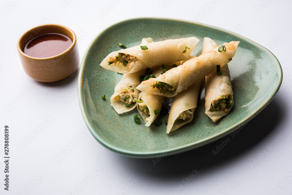 Paneer chilli cigar are crispy rolls stuffed with paneer which is an interesting starter for any party. served with tomato ketchup. selective focus Paneer chilli cigar are crispy rolls stuffed with paneer which is an interesting starter for any party. served with tomato ketchup. selective focus