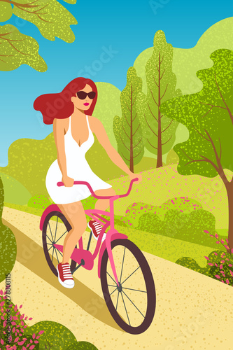 Woman cycling, fitness sport exercises. Person riding bicycle in forest park, enjoy healthy lifestyle. Girl ride by bicycle in park. Summer landscape with trees and leaves.