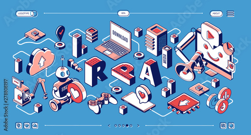 RPA, robotic process automation isometric landing page, innovation technology icons on retro colored half tone background, AI, Artificial intelligence concept, 3d vector illustration, line art, banner