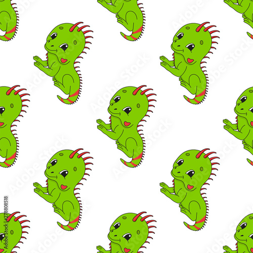 Happy iguana. Colored seamless pattern with cute cartoon character. Simple flat vector illustration isolated on white background. Design wallpaper  fabric  wrapping paper  covers  websites.