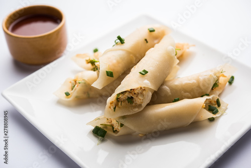 Paneer chilli cigar are crispy rolls stuffed with paneer which is an interesting starter for any party. served with tomato ketchup. selective focus