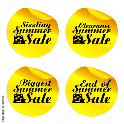 Yellow summer sale stickers sizzling,clearance,biggest,end of with shopping bag.Vector illustration