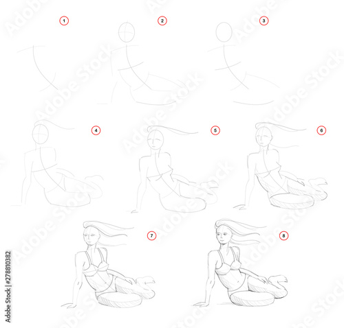 Creation step by step pencil drawing. Page shows how to learn draw sketch of imaginary sitting woman figure. School textbook for developing artistic skills. Hand-drawn vector image.