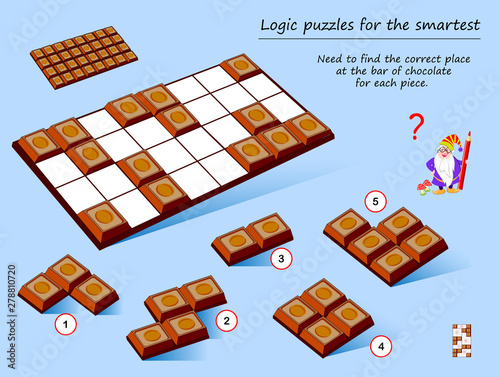 Logic puzzle game for smartest. Need to find the correct place at the bar of chocolate for each piece. Printable page for brainteaser book. Developing spatial thinking. Vector cartoon image.