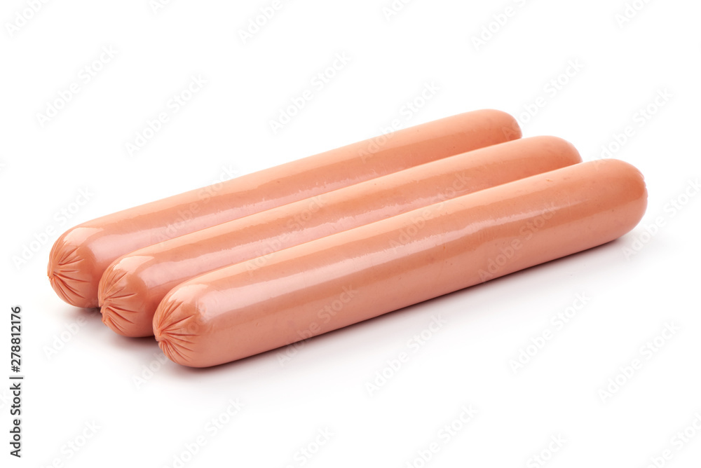 Fresh boiled pork sausages, close-up, isolated on white background
