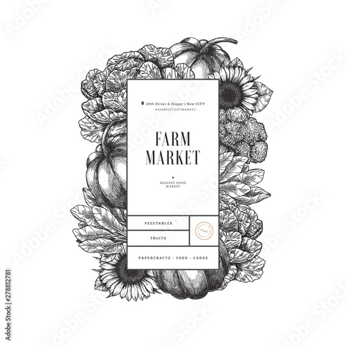 Healthy organic food vertical design template. Fresh vegetables engraved illustration. Vector illustration
