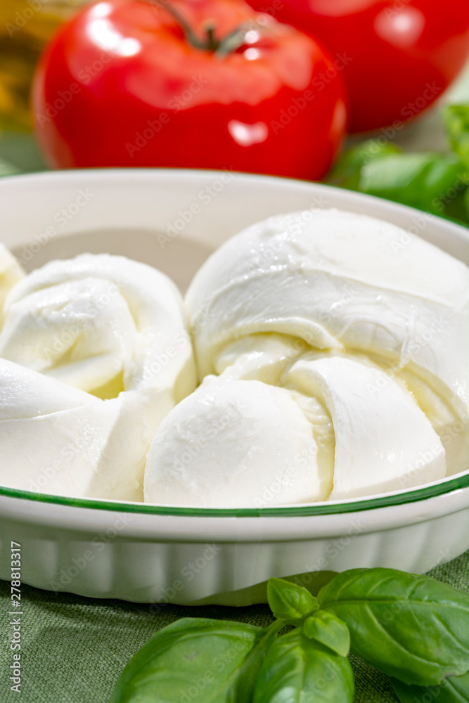 Twisted to form a plait treccia mozzarella Italian soft cheese served with fresh basil and tomatoes Twisted to form a plait treccia mozzarella Italian soft cheese served with fresh basil and tomatoes
