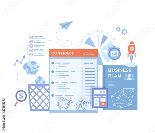 Agreement, Partnership, Success deal, Contract signing, Transaction steps. Business document with signatures, stamps, business plan, rocket launch, calculator. Vector illustration on white background