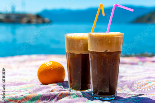 Fototapeta Naklejka Na Ścianę i Meble -  Traditional greek cold coffee Frappe made from water, instant coffee and ice cubes