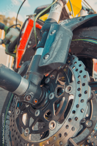 Brake system of modern sports motorcycle. Illustration for sport motorcycle service.