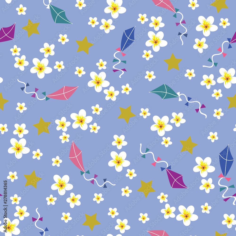 raster illustration. white plumeria flowers, flying kites and stars on baby blue background seamless repeat pattern. Perfect for baby boy apparel,textiles, and nursery decoration.