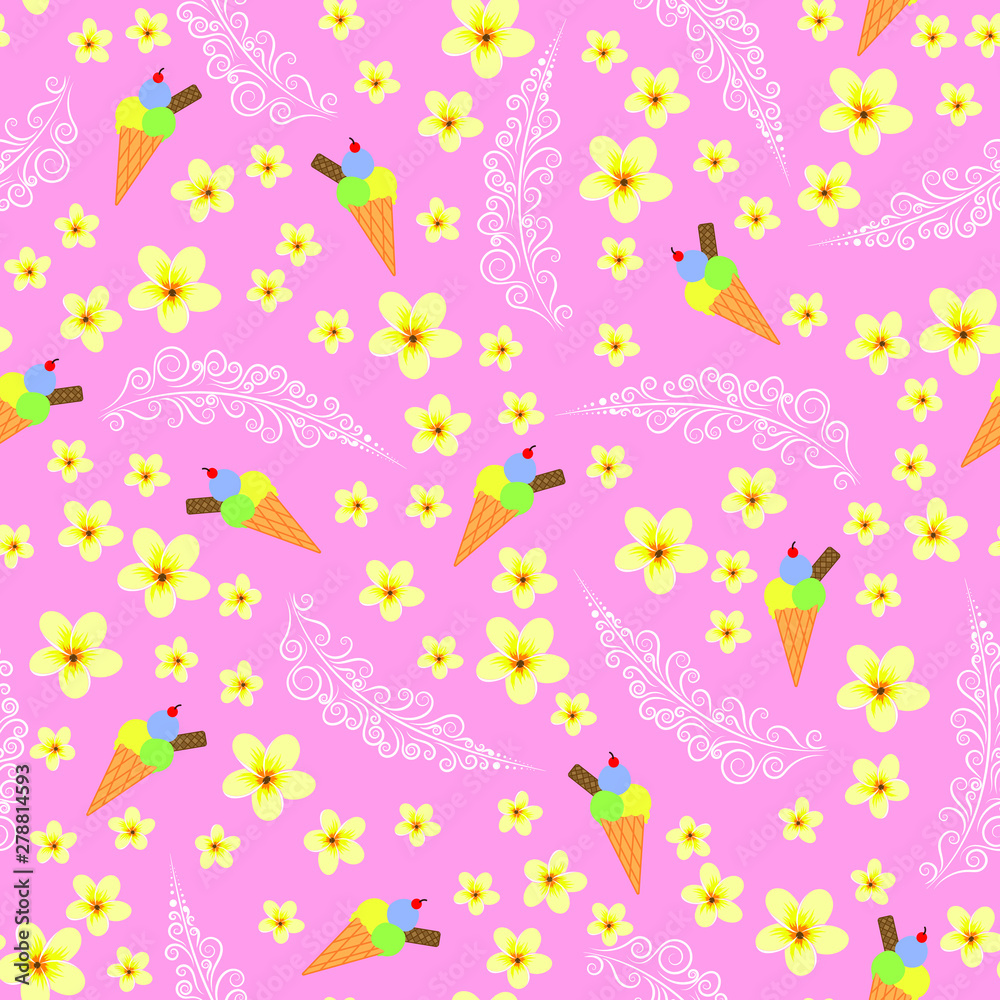 vector illustration. light yellow plumeria flowers, icecream cones and intricate design on baby pink background seamless repeat pattern. Perfect for baby girl's apparel,textiles and nursery decoration