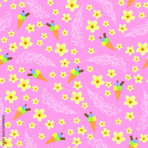 vector illustration. light yellow plumeria flowers, icecream cones and intricate design on baby pink background seamless repeat pattern. Perfect for baby girl's apparel,textiles and nursery decoration