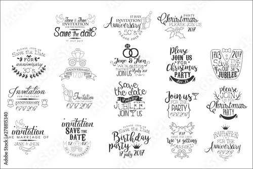 Special Event Hand Drawn Invitation Set Of Artistic Decorative Vector Design Writing.