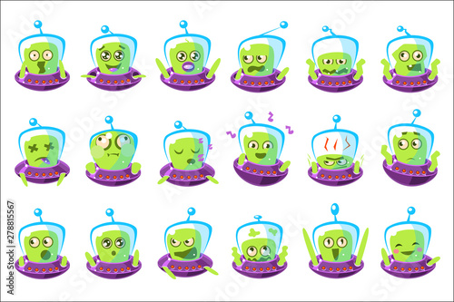 Alien In Ufo Emoji Set Of Simplified Cartoon Character Stickers Isolated.