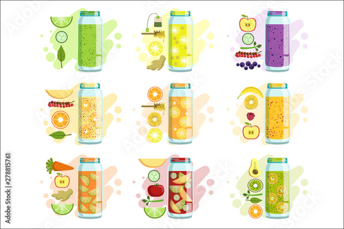 Smoothie Recipe Set Of Bright Color Isolated Vector Drawings In Simple Cartoon Design On White Background.