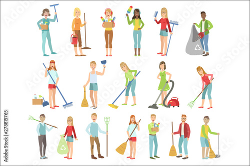Adult People Cleaning Up Indoors Set Of Simple Cartoon Flat Vector Colorful Characters On White Background.