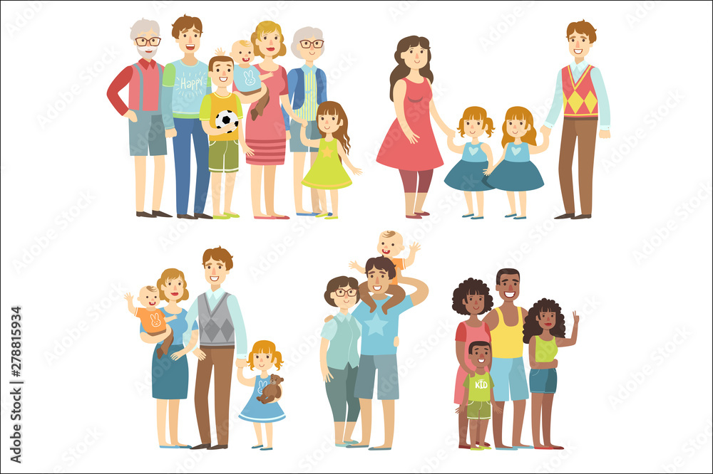 Fototapeta premium Happy Families Posing Together Simplified Cartoon Style Flat Vector Colorful Illustrations On White Background.