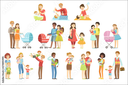 Happy Families With Small Children Flat Childish Cartoon Style Bright Color Vector Illustration On White Background.