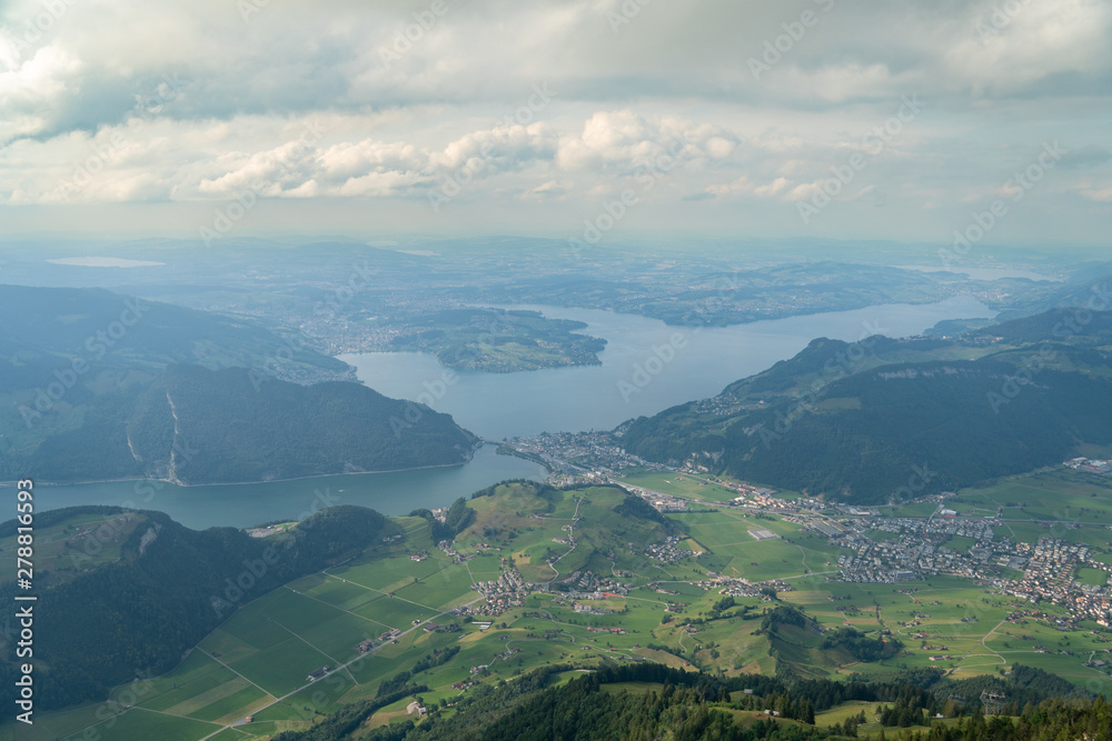 view down on Lake Lucerne from Stanserhorn during sunset