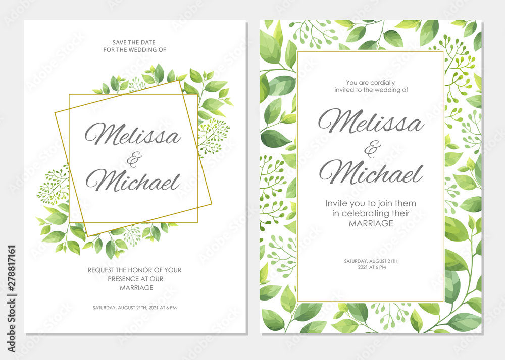 Obraz Wedding invitation with green leaves border. Floral invite card template set. Vector illustration.