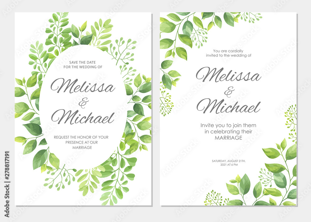 Wedding invitation with green leaves border. Floral invite card template set. Vector illustration.