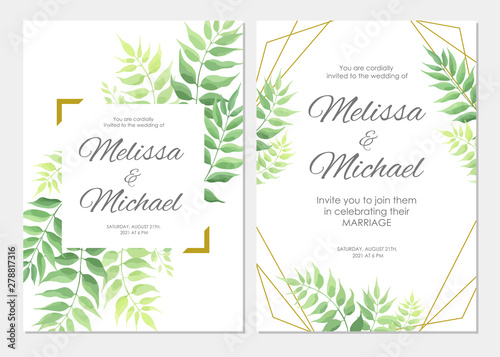Wallpaper Mural Wedding invitation with green leaves border. Floral invite card template set. Vector illustration. Torontodigital.ca