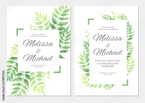 Wallpaper Mural Wedding invitation with green leaves border. Floral invite card template set. Vector illustration. Torontodigital.ca