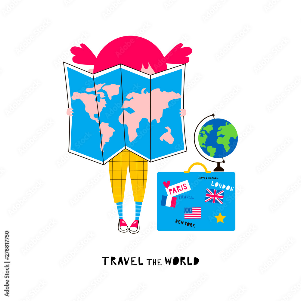 Young traveler flat vector illustration. Kid holding world map, searching location isolated cartoon character on white background. Schoolgirl, traveling suitcase and globe design element